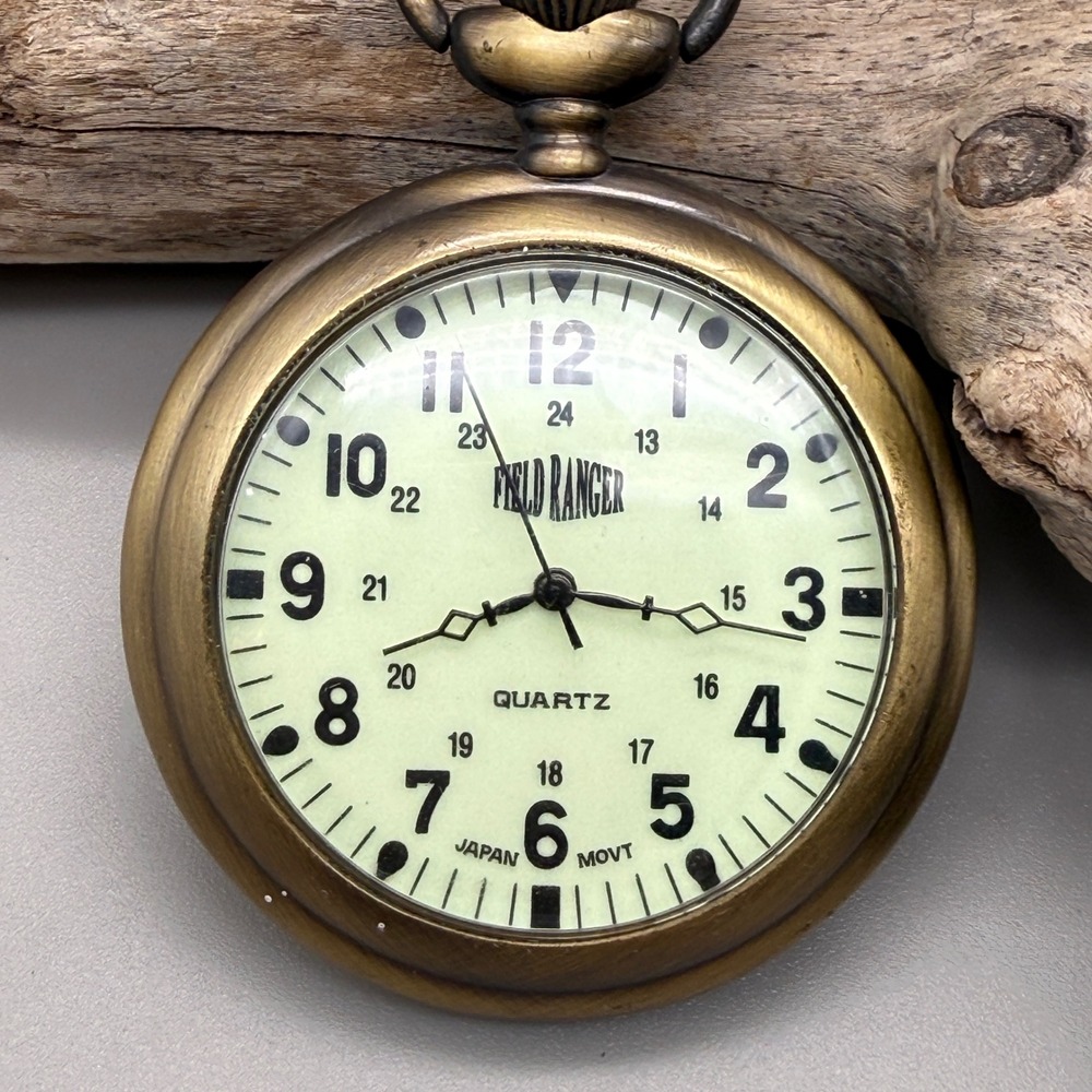 Field Ranger Pocket Watch Antique Brass Floral Engraved Japan Quartz Working